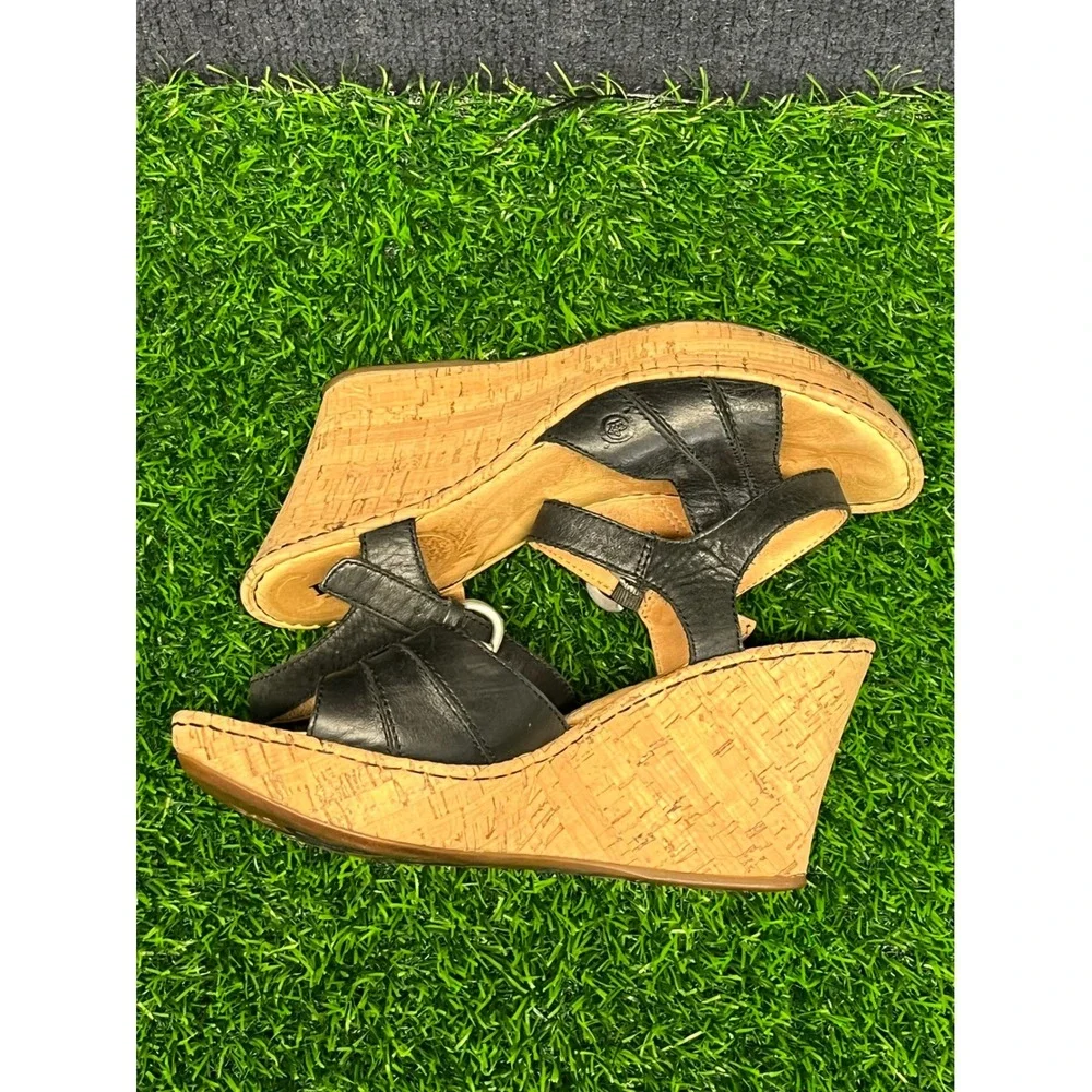Born Womens Black Leather Cork Wedge Sandals Ankle Strap Platform Shoes Size 9